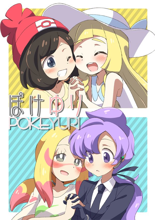 &gt;_&lt; 4girls :d beanie blonde_hair blue_eyes blush braid brown_eyes brown_hair cheek-to-cheek closed_eyes commentary_request earpiece eromame female_protagonist_(pokemon_sm) formal gloves hand_holding hat interlocked_fingers leaning_on_person lila_(pokemon) lillie_(pokemon) long_hair matsurika_(pokemon) multiple_girls necktie one_eye_closed open_mouth paint_on_face pokemon pokemon_(game) pokemon_sm ponytail purple_hair short_hair smile suit sun_hat translation_request violet_eyes xd yuri