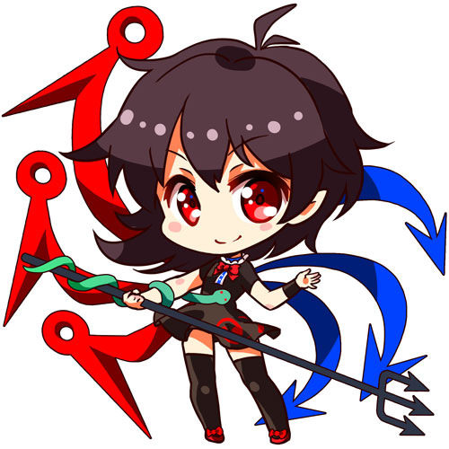1girl asymmetrical_hair asymmetrical_wings black_dress black_hair black_legwear blush_stickers bow chibi dress full_body holding holding_weapon houjuu_nue looking_at_viewer lowres polearm red_bow red_eyes red_shoes renren_(ah_renren) shoe_bow shoes short_dress smile snake solo thigh-highs touhou trident weapon white_background wings wristband zettai_ryouiki