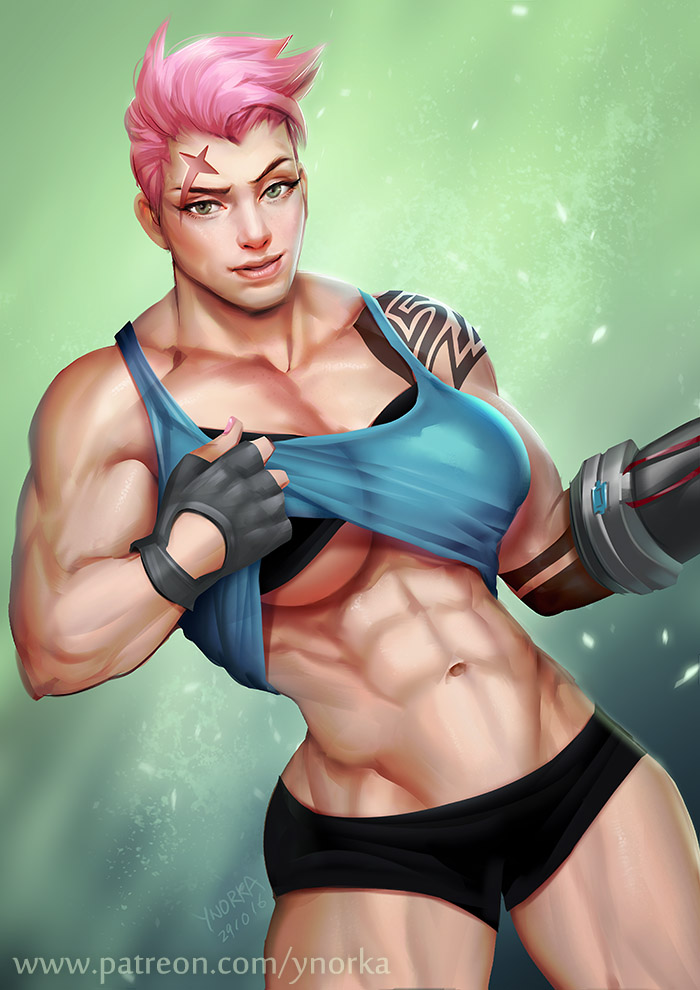 1girl abs breasts fingerless_gloves gloves green_eyes large_breasts looking_at_viewer mismatched_gloves muscle muscular_female navel overwatch pink_hair scar scar_across_eye shirt_lift short_hair short_shorts shorts solo tank_top tattoo under_boob watermark web_address ynorka_chiu zarya_(overwatch)