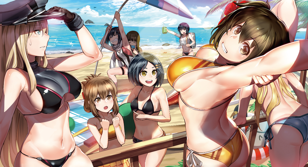&gt;:o &gt;_&lt; 6+girls :o abukuma_(kantai_collection) alternate_costume arched_back arm_grab arm_up armpits arms_at_sides ass bangs bare_shoulders beach beach_umbrella bikini bismarck_(kantai_collection) black_bikini black_gloves black_hair blonde_hair blue_bikini blunt_bangs blurry breasts cleavage clenched_hands clenched_teeth closed_eyes collarbone cowboy_shot crop_top depth_of_field donarudo from_behind gloves grin hair_flaps hat hayasui_(kantai_collection) head_tilt hiryuu_(kantai_collection) kaga_(kantai_collection) kantai_collection kitakami_(kantai_collection) kuroshio_(kantai_collection) large_breasts leaning_forward long_hair looking_at_viewer medium_breasts midriff multiple_girls navel ocean open_mouth orange_bikini outdoors palm_tree parted_lips peaked_cap perspective sand sendai_(kantai_collection) side-tie_bikini sideboob sidelocks small_breasts smile standing swimsuit taihou_(kantai_collection) teeth thighs towel tree umbrella under_boob water yellow_bikini yellow_eyes