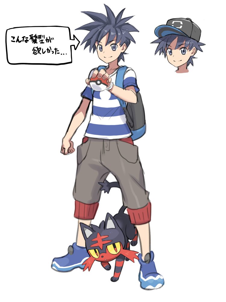 1boy alternate_hairstyle backpack bag baseball_cap black_hair black_hat capri_pants grey_eyes hat holding holding_poke_ball litten looking_at_viewer male_focus male_protagonist_(pokemon_sm) pants poke_ball pokemon pokemon_(creature) pokemon_(game) pokemon_sm shirt shoes short_hair simple_background smile sneakers solo spiky_hair striped striped_shirt t-shirt white_background yapo_(croquis_side) z-ring