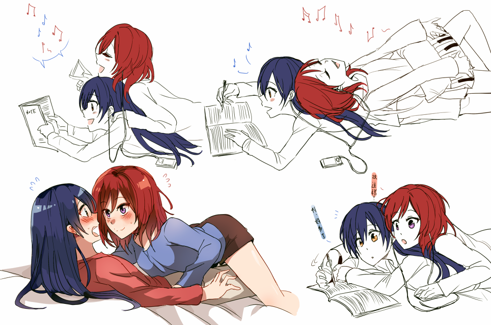 2girls beamed_quavers black_hair blush closed_eyes comic digital_media_player earphones face-to-face female flying_sweatdrops instrument keyboard_(instrument) kuma_(bloodycolor) long_hair love_live! love_live!_school_idol_project lying multiple_girls musical_note nishikino_maki notebook on_back on_person on_stomach open_mouth partially_colored pillow quaver redhead semiquaver shared_earphones shorts smile sonoda_umi translation_request violet_eyes white_background writing yuri