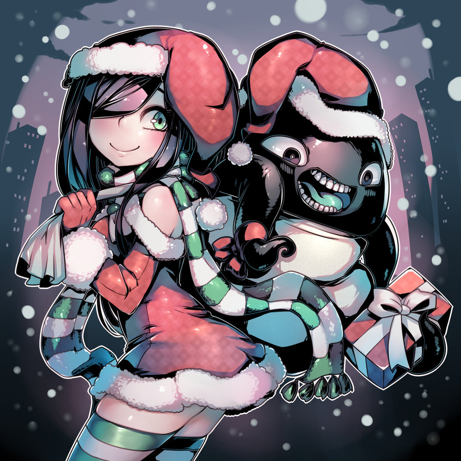 1girl aria_wintermint bag bare_shoulders black_eyes black_hair blush building carrying_over_shoulder city commentary dusk from_side gift green_eyes green_legwear green_scarf gug hair_over_one_eye hat holding looking_back monster outdoors outline pale_skin parororo red_ribbon ribbon santa_costume santa_hat scarf skyscraper smile snowing striped striped_legwear striped_scarf teeth tentacle the_crawling_city thigh-highs white_legwear white_outline white_scarf