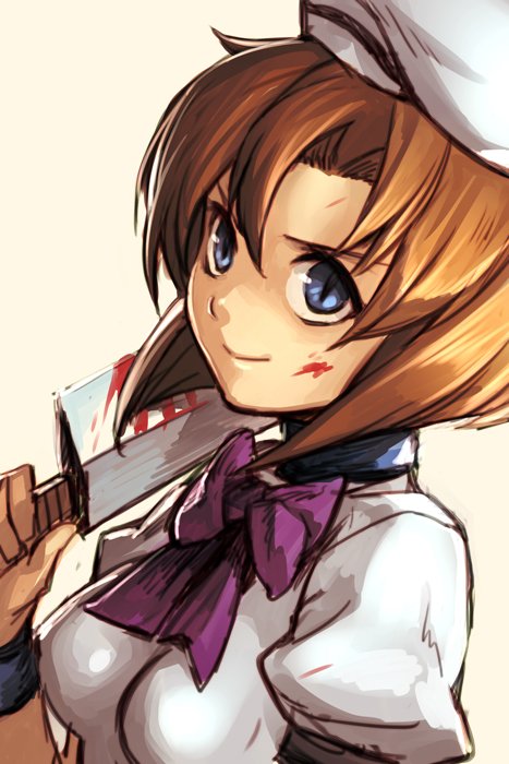 &gt;:) 1girl blood blood_on_face bloody_weapon blue_eyes bow hankuri hat hatchet higurashi_no_naku_koro_ni orange_hair oriental_hatchet ryuuguu_rena short_hair solo upper_body weapon wristband