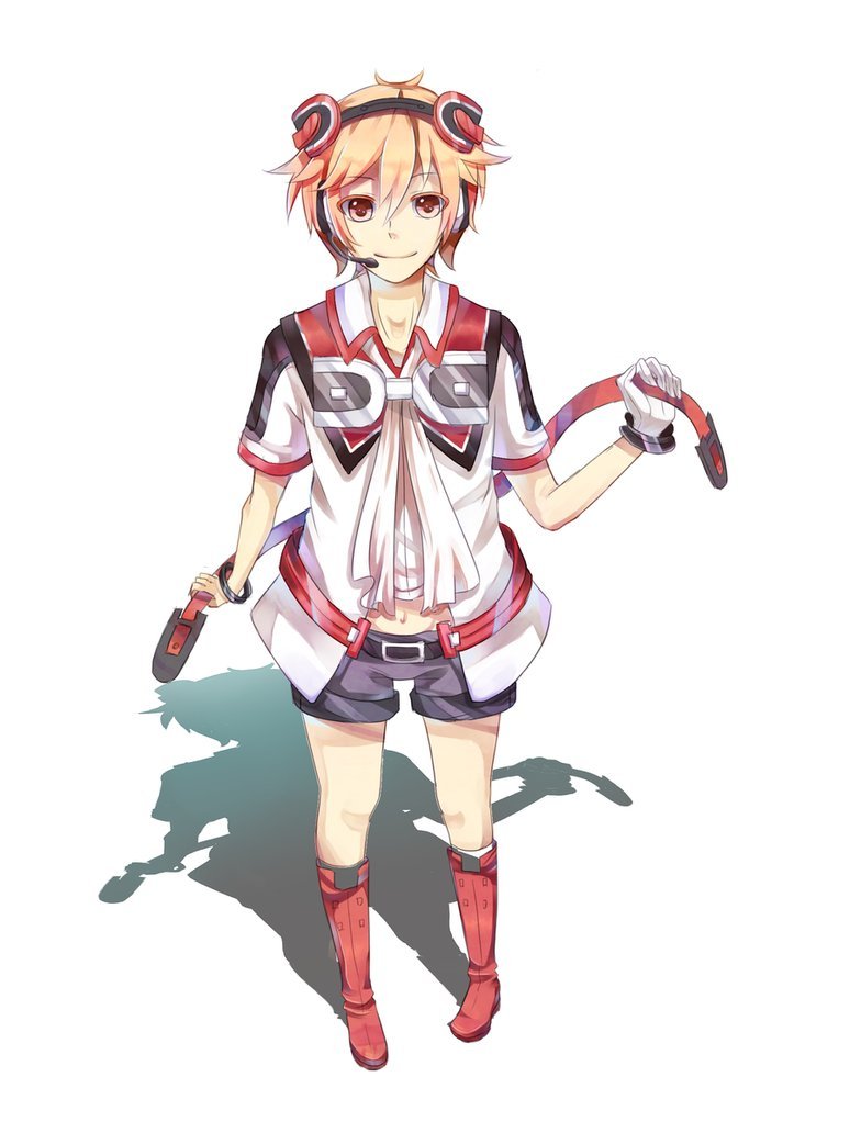 1boy blonde_hair boots bracelets glove headband hibiki_lui looking_at_viewer navel red_eyes short_hair short_shorts smile solo straps tagme vocaloid