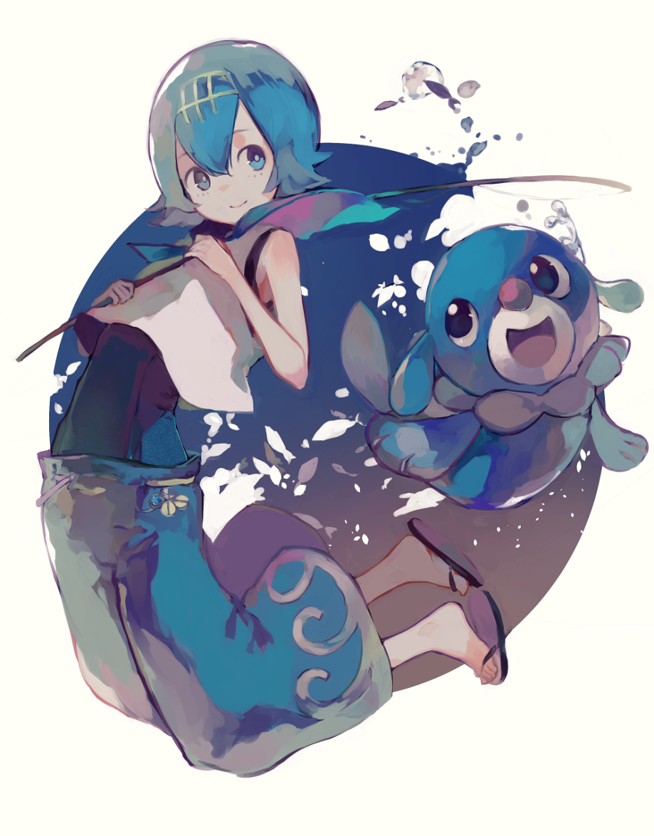 1girl baggy_pants barefoot barefoot_sandals blue_eyes blue_hair blue_pants capri_pants crop_top fishing_rod full_body hairband holding holding_fishing_rod looking_at_viewer one-piece_swimsuit pants pokemon pokemon_(creature) pokemon_(game) pokemon_sm popplio sailor_collar sandals short_hair smile suiren_(pokemon) suzukami swimsuit swimsuit_under_clothes trial_captain water