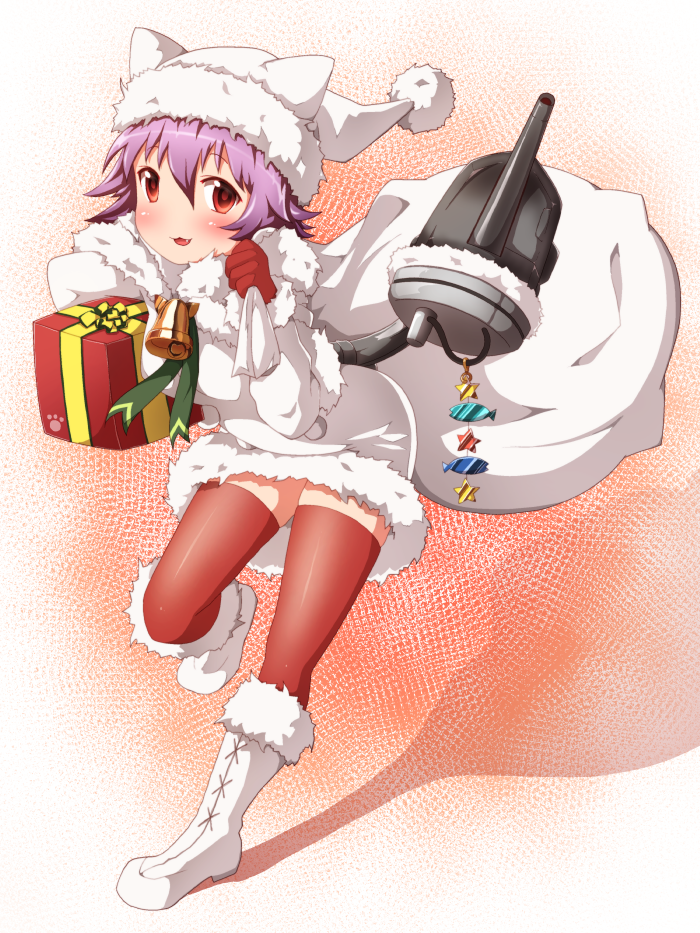 1girl :3 alternate_costume box carrying carrying_under_arm gift gift_box kantai_collection looking_at_viewer machinery oyatsu_(jzs_137) purple_hair red_eyes red_legwear sack short_hair solo tama_(kantai_collection) thigh-highs turret winter_clothes zettai_ryouiki