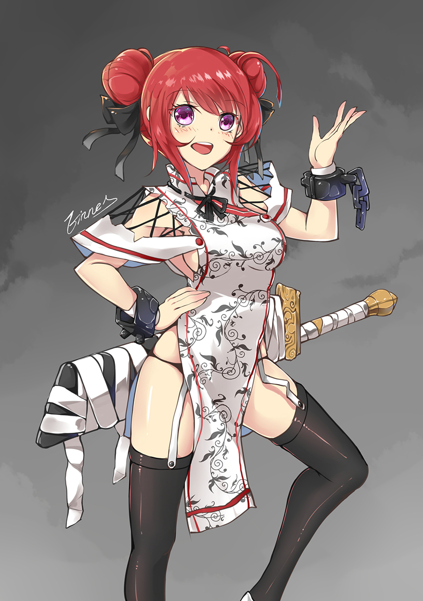 1girl :d black_bow black_legwear black_panties bow breasts china_dress chinese_clothes cuffs double_bun dress einess garter_straps hair_bow highres open_mouth original panties pelvic_curtain redhead sideboob smile solo sword thigh-highs underwear violet_eyes weapon