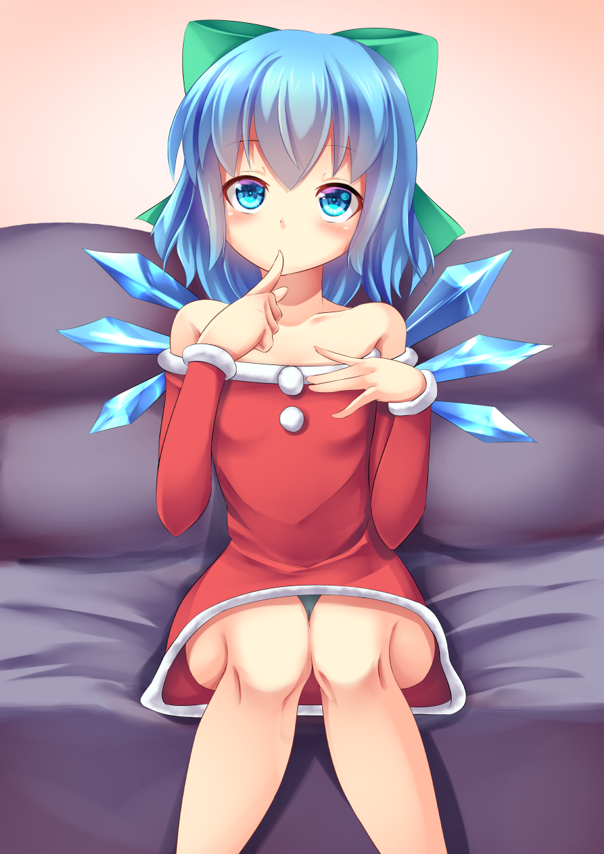 1girl alternate_costume blue_eyes blue_hair blue_panties bow cirno collarbone commentary_request couch finger_to_mouth flat_chest hair_bow hand_on_own_chest highres kirimori_toya knees_together looking_at_viewer matching_hair/eyes off_shoulder panties pantyshot pantyshot_(sitting) pink_background santa_costume short_hair simple_background sitting solo touhou underwear wings