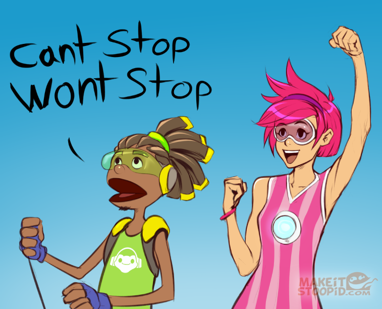 1boy 1girl clenched_hands crossover dark_skin dress fist_pump goggles hand_puppet israel_espinoza lazytown lucio_(overwatch) pink_dress pink_hair puppet stephanie_(lazytown) striped tracer_(overwatch) vertical-striped_dress vertical_stripes