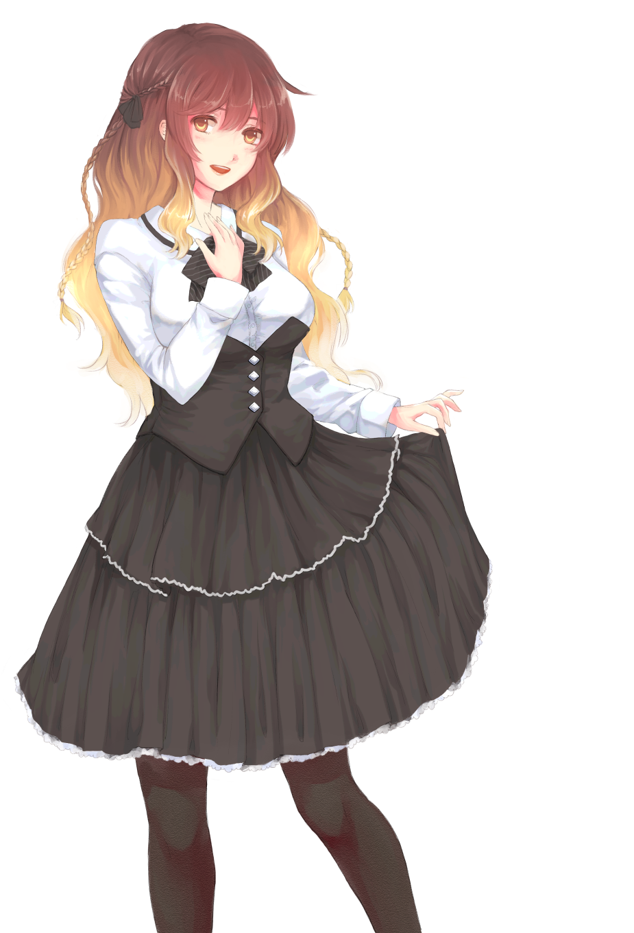 1girl alternate_costume black_bow black_legwear black_ribbon black_skirt blonde_hair blush bow braid breasts brown_hair buttons collared_shirt corset curtsey gradient_hair hair_ribbon hand_on_own_chest head_tilt highres hijiri_byakuren large_breasts long_hair looking_at_viewer mayoln multicolored_hair open_mouth pantyhose ribbon shirt skirt skirt_hold sleeve_cuffs solo striped striped_bow teeth touhou underbust very_long_hair wavy_hair white_background white_shirt yellow_eyes