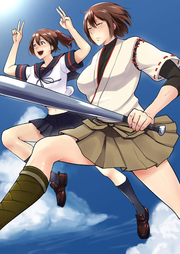 2girls arms_up bare_legs baseball_bat bifidus blue_sky breasts brown_eyes brown_hair clouds commentary_request cosplay double_v fubuki_(kantai_collection) fubuki_(kantai_collection)_(cosplay) hair_ribbon hyuuga_(kantai_collection) ise_(kantai_collection) japanese_clothes jumping kantai_collection large_breasts midriff multiple_girls navel open_mouth pleated_skirt ponytail ribbon sailor_collar school_uniform serafuku shoes short_hair short_sleeves skirt sky smile undershirt v