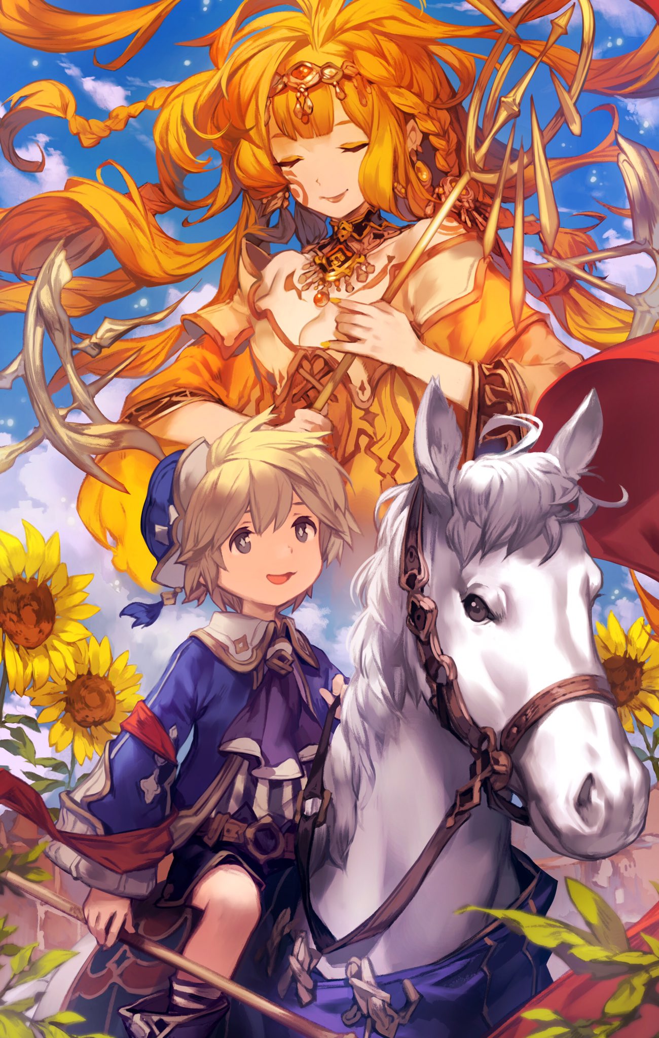 1boy 1girl :d ascot bangs belt blonde_hair braid bridle circlet closed_eyes cross-laced_clothes facial_mark fading flower hat highres horse horseback_riding jewelry lee_hyeseung long_hair long_sleeves necklace open_mouth original reins riding scepter shorts smile staff sunflower tarot the_sun white_horse
