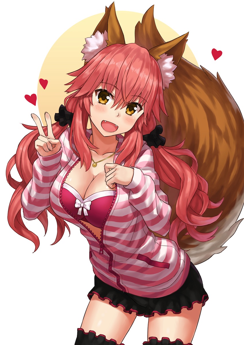 1girl :d animal_ears black_legwear blush bra breasts cleavage collarbone fangs fate/extra fate/extra_ccc fate/grand_order fate_(series) fox_ears fox_tail hand_on_own_chest heart highres jewelry large_breasts necklace npcpepper open_clothes open_mouth open_shirt pink_bra pink_hair shirt simple_background smile solo striped_hoodie tail tamamo_(fate)_(all) tamamo_no_mae_(fate) thigh-highs underwear v white_background yellow_eyes