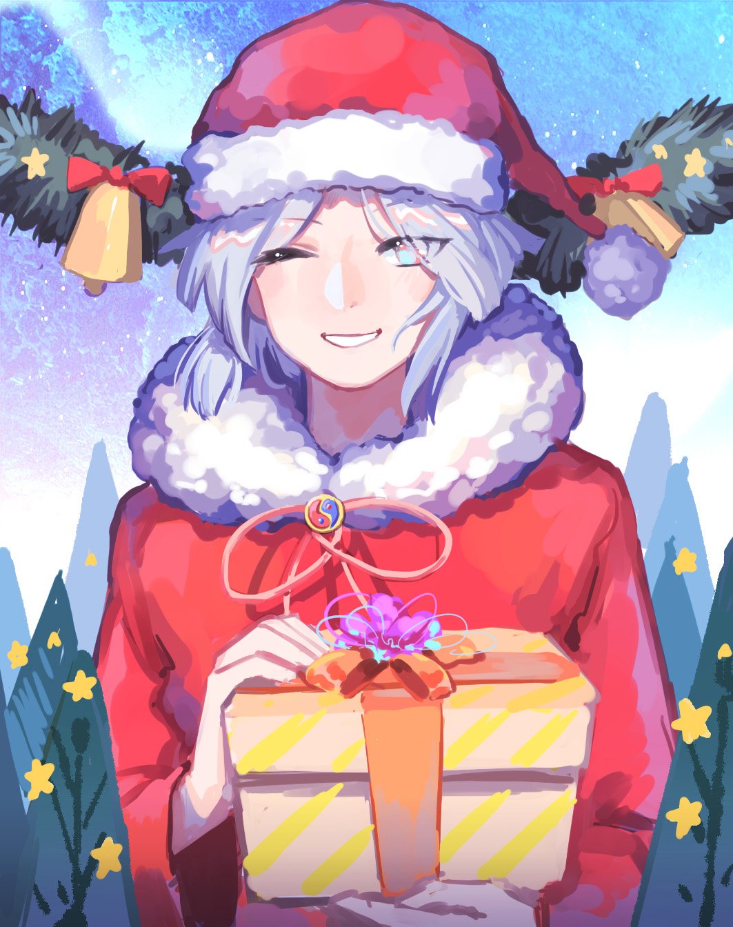 androgynous bell box christmas christmas_tree fujiwara_no_shirogane_no_sanra fur_trim gift gift_box grey_eyes hat highres len'en looking_at_viewer one_eye_closed santa_costume santa_hat short_hair silver_hair smile solo wei_li