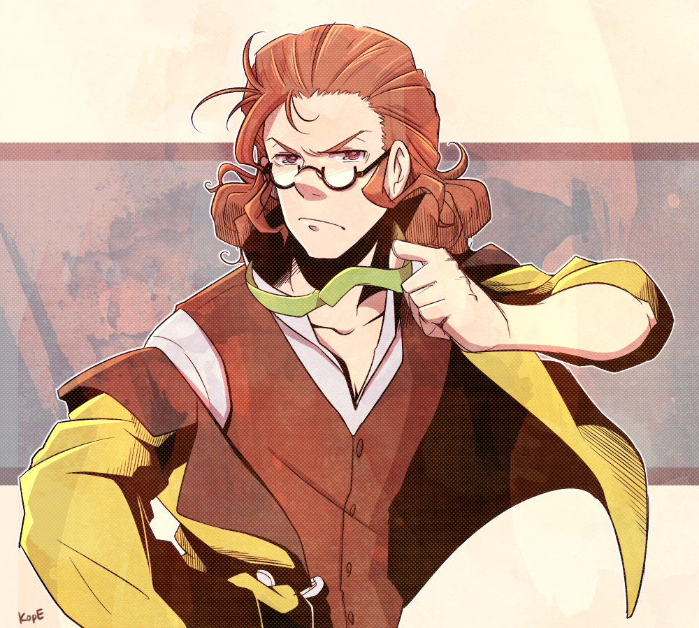 1boy adjusting_clothes classicaloid coat franz_schubert_(classicaloid) glasses hair_slicked_back ladama looking_at_viewer male_focus orange_hair pink_eyes semi-rimless_glasses signature simple_background solo two-tone_background upper_body vest