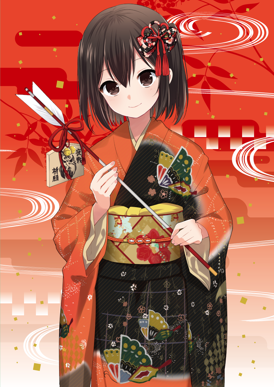 1girl alternate_costume arrow black_eyes black_hair ema hair_ornament hamaya highres holding ica japanese_clothes kantai_collection kimono looking_at_viewer sendai_(kantai_collection) smile solo translation_request two_side_up