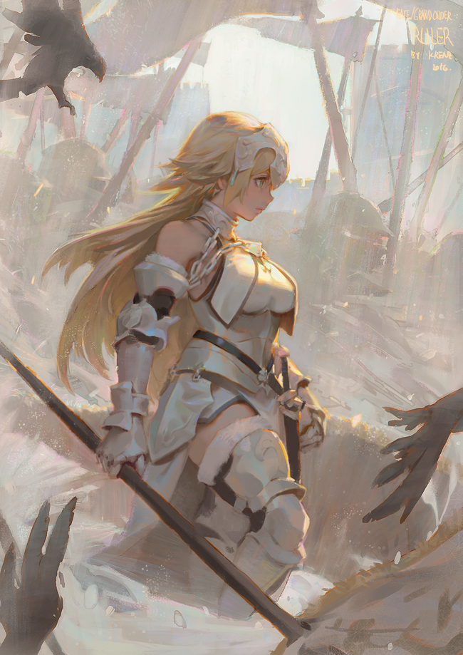 1girl animal arm_at_side armor armored_boots armored_dress army artist_name bare_shoulders bird blonde_hair blue_eyes blurry boots breasts building chains character_name closed_mouth copyright_name dress fate/grand_order fate_(series) faulds flag from_side full_body fur_trim gauntlets gorget headpiece holding jewelry krenz long_hair medium_breasts pole profile ruler_(fate/apocrypha) sheath sheathed sleeveless solo_focus sword walking weapon white_dress
