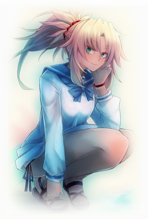 1girl bangs blonde_hair closed_mouth fate/grand_order fate_(series) green_eyes hair_ornament hair_scrunchie legs_together long_sleeves looking_at_viewer parted_bangs ponytail puffy_long_sleeves puffy_sleeves saber_of_red sandals school_uniform scrunchie serafuku smile solo squatting wristband yude