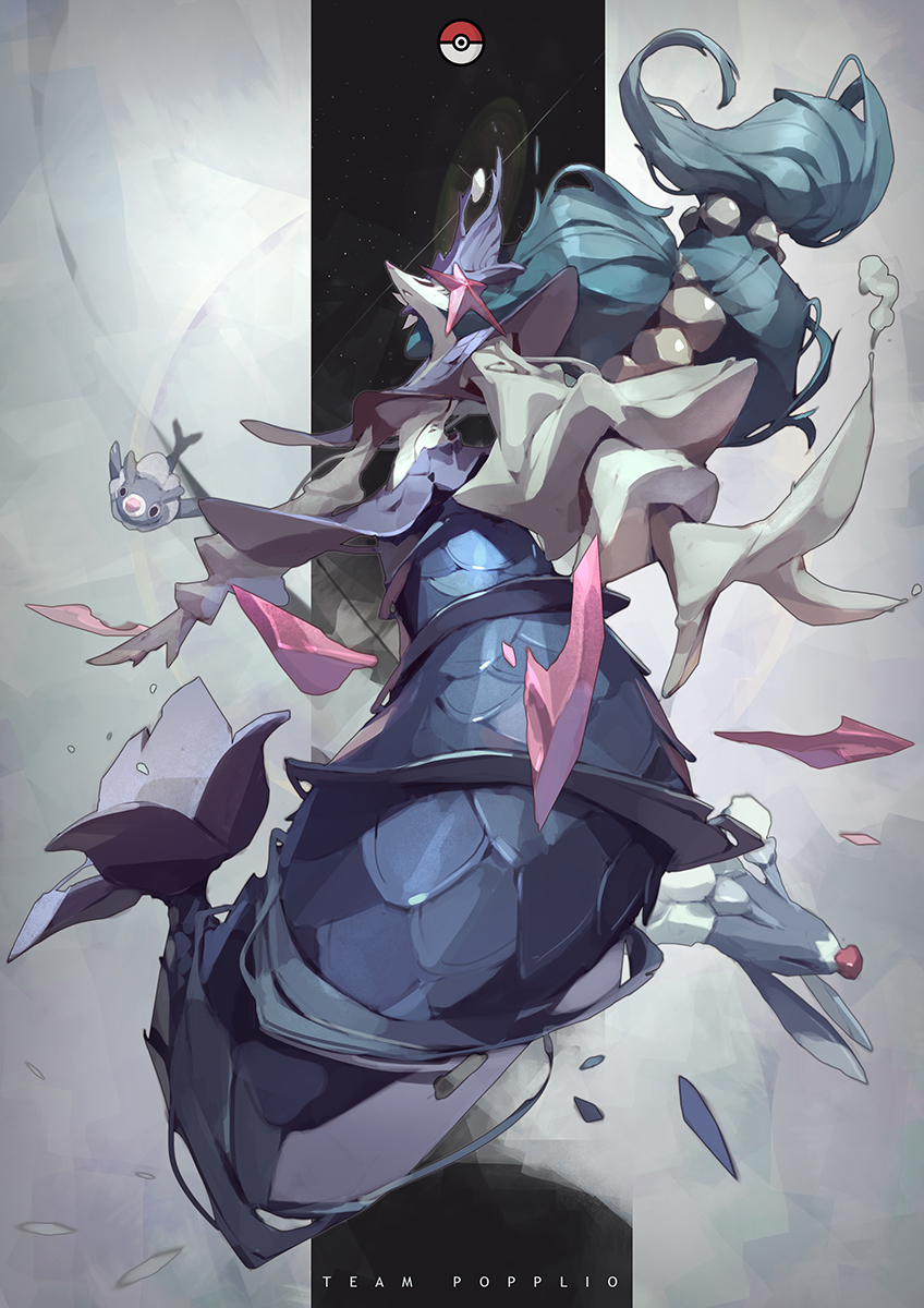 :&lt; black_eyes brionne character_name closed_eyes closed_mouth highres light_particles looking_at_viewer motion_blur no_humans poke_ball_print pokemon pokemon_(creature) pokemon_(game) pokemon_sm popplio primarina shards swimming tan_zhi_hui