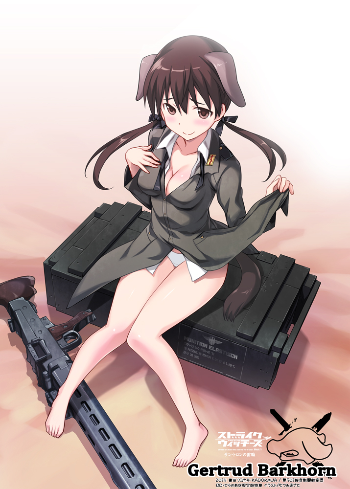 1girl animal_ears barefoot blush breasts brown_eyes brown_hair character_name cleavage collarbone dog_ears dog_tail gertrud_barkhorn gun hair_ribbon legs logo long_hair long_sleeves looking_at_viewer machine_gun mg42 military military_uniform mutsumi_masato panties ribbon shiny shiny_hair shiny_skin sitting smile solo strike_witches tail twintails underwear uniform untied weapon white_panties world_witches_series
