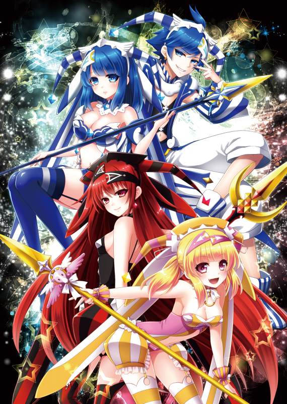 1boy 3girls aka_no_ripika ao_no_repika ao_no_rupika arm_up armpits backlighting bangs bare_arms bare_shoulders beatmania beatmania_iidx bikini blonde_hair blue_bikini blue_eyes blue_hair blue_legwear blue_shoes blush breasts brother_and_sister cleavage closed_mouth cross crystal detached_collar detached_sleeves earrings eyebrows_visible_through_hair fang garter_straps hair_between_eyes hair_ornament hand_up hat headgear holding holding_spear holding_weapon horizontal-striped_legwear horizontal_stripes jester_cap jewelry ki_no_rapika large_breasts leaning_forward long_hair looking_at_viewer looking_back medium_breasts multiple_girls nail_polish navel navel_cutout open_mouth outstretched_arm pants pink_eyes polearm red_eyes redhead shiny shiny_hair shoes siblings sideboob sidelocks sleeveless small_breasts smile smirk spear standing star stardrop striped striped_legwear swimsuit thigh-highs trident twintails v_over_eye vertical-striped_legwear vertical_stripes very_long_hair weapon wrist_cuffs