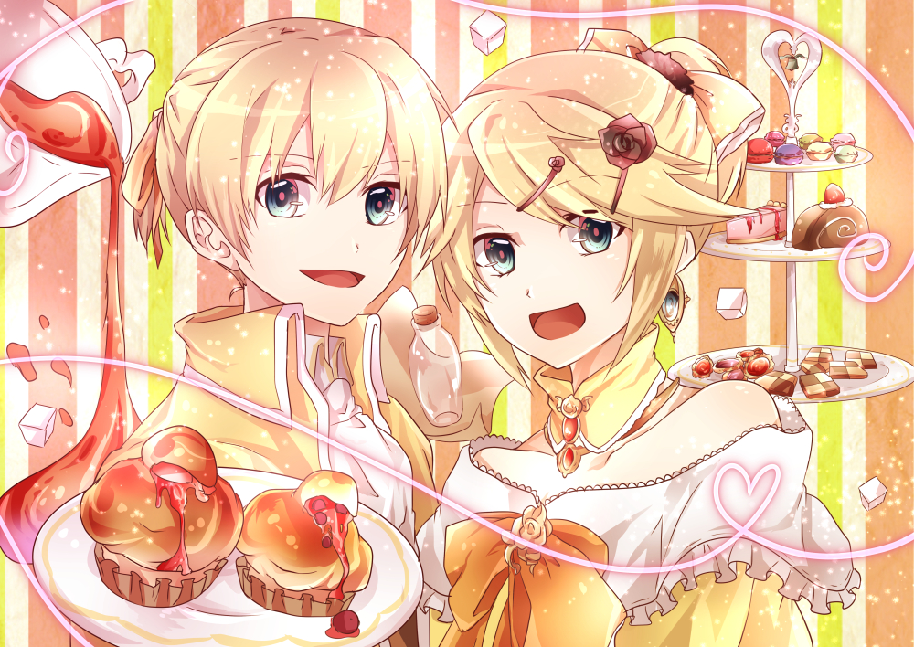 1boy 1girl aku_no_meshitsukai_(vocaloid) aku_no_musume_(vocaloid) bare_shoulders biscuit blonde_hair blue_eyes bottle bow brother_and_sister cake candy check_commentary choker commentary_request cookie dress earrings evillious_nendaiki flower food frilled_dress frills hair_bow hair_ornament hair_ribbon hairclip heart heart_of_string jacket jewelry kagamine_len kagamine_rin muffin pastry princess ribbon rose short_hair short_ponytail siblings smile striped striped_background sugar_cube syrup tray twins updo vocaloid yellow_dress yellow_jacket yuken