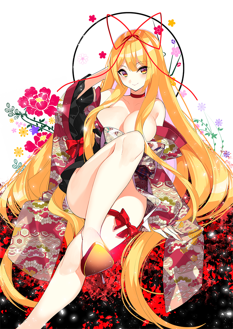 1girl arm_at_side blonde_hair bow breasts choker cleavage closed_mouth collarbone eyebrows_visible_through_hair fingernails floral_background floral_print hair_over_breasts hair_ribbon hand_in_hair hand_on_own_head high_heels japanese_clothes kimono knee_up large_breasts long_hair long_sleeves looking_at_viewer obi off_shoulder one_breast_out print_kimono red_bow red_ribbon ribbon roh_nam_kyung sash shiny shiny_hair shoe_soles sitting sleeves_past_wrists smile solo thigh_strap touhou very_long_hair white_background wide_sleeves yakumo_yukari