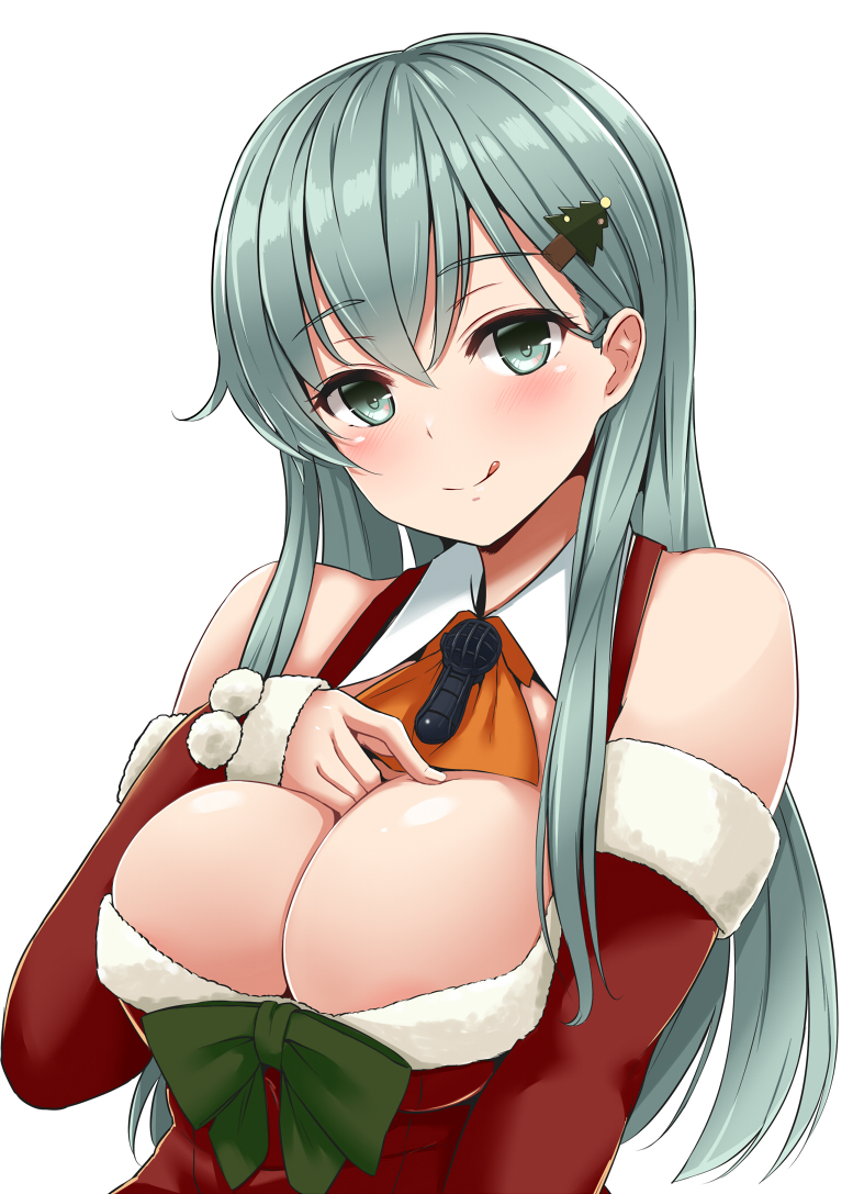 1girl alternate_costume aqua_hair arm_warmers bare_shoulders blush breasts christmas_tree_hair_ornament cleavage detached_collar dress eyebrows_visible_through_hair fur_trim green_eyes hair_ornament hand_on_breast kantai_collection large_breasts long_hair looking_at_viewer mitsukazu_(nijigen_complex) red_dress simple_background smile solo suzuya_(kantai_collection) tongue tongue_out white_background