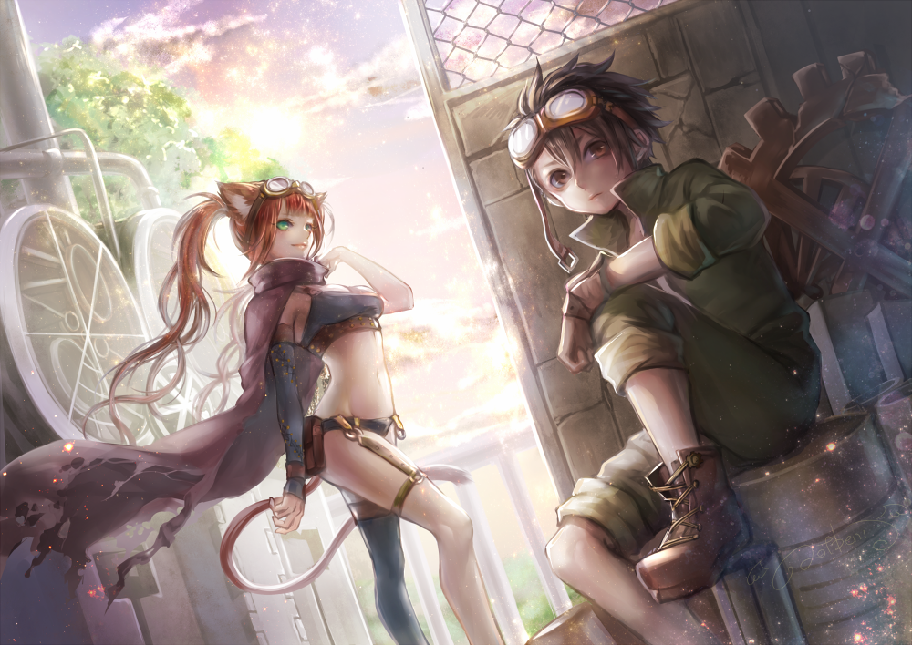 1boy 1girl animal_ears brown_eyes brown_hair cat_ears cat_tail detached_sleeves gloves goggles goggles_on_head green_eyes lma long_hair midriff mismatched_legwear mismatched_sleeves original single_thighhigh tail thigh-highs twintails