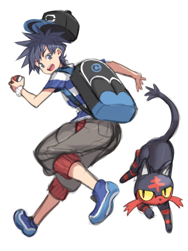 1boy backpack bag baseball_cap black_hair black_hat capri_pants grey_eyes hat holding holding_poke_ball litten looking_at_viewer looking_back male_focus male_protagonist_(pokemon_sm) pants poke_ball pokemon pokemon_(creature) pokemon_(game) pokemon_sm shirt short_hair simple_background solo spiky_hair striped striped_shirt t-shirt white_background yapo_(croquis_side) z-ring