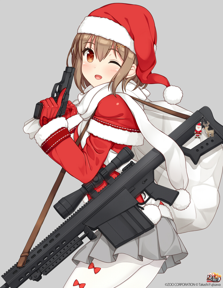 1girl ;d anti-materiel_rifle bangs barrett_m82 blush bow brown_eyes brown_hair capelet christmas copyright_name eyebrows_visible_through_hair from_side fur_trim gloves grey_background grey_skirt gun hair_between_eyes hair_ornament handgun hands_up hat logo long_sleeves looking_at_viewer military one_eye_closed open_mouth pantyhose pistol pleated_skirt pointing pointing_up red_bow red_gloves rick_g_earth rifle sack santa_costume santa_hat scarf short_hair shuuichi sig_sauer_p220 skirt sling smile sniper_rifle solo thighs trigger_discipline watermark weapon white_legwear white_scarf x_hair_ornament