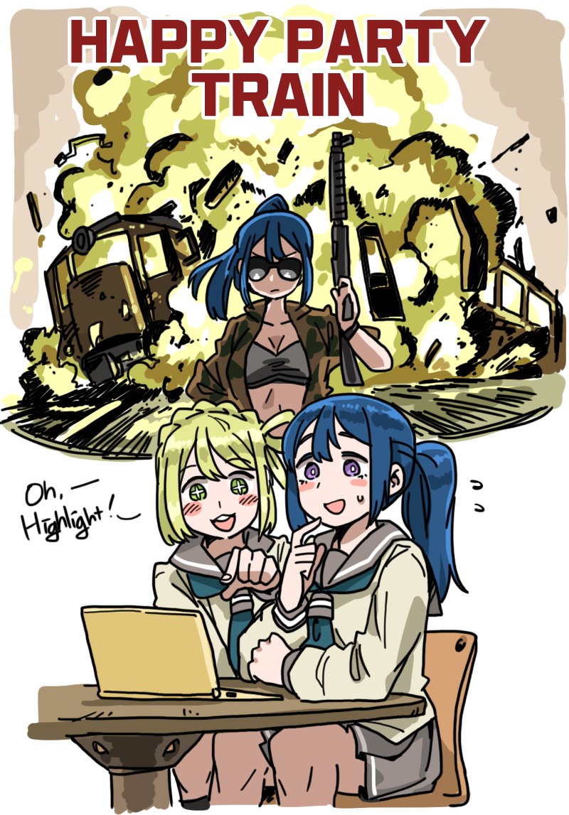 2girls anyan_(jooho) bangs black_bikini_top blonde_hair blue_hair blush braid commentary crown_braid english explosion flying_sweatdrops frown green_eyes ground_vehicle gun hair_rings happy_party_train jacket long_sleeves love_live! love_live!_sunshine!! matsuura_kanan multiple_girls ohara_mari open_clothes open_jacket pointing pointing_at_self ponytail school_uniform serafuku sitting song_name sparkling_eyes sunglasses table train violet_eyes weapon