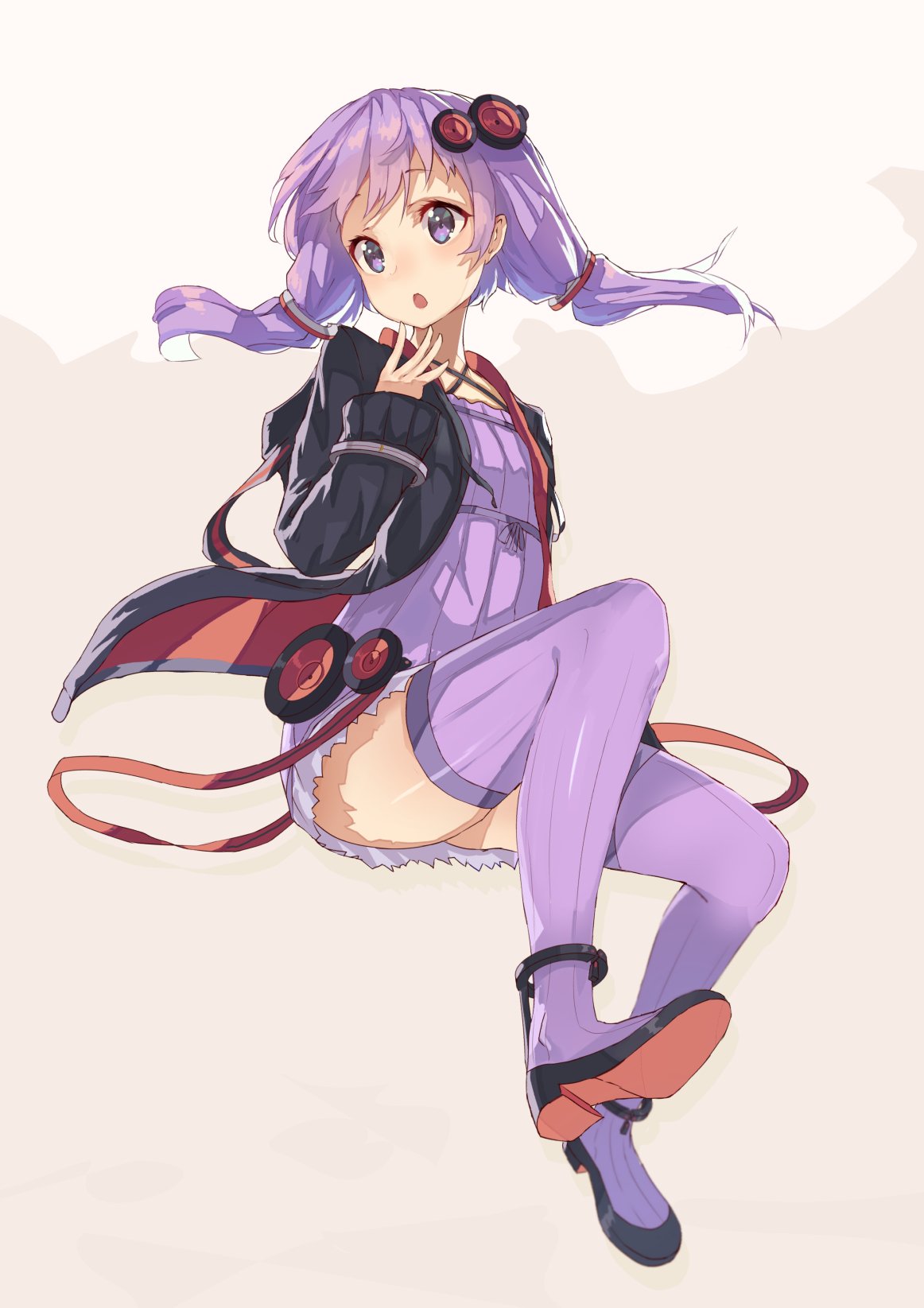 1girl :o animal_hood bunny_hood cjl6y5r dress from_below hair_ornament head_tilt highres hood hood_down hoodie long_sleeves looking_at_viewer open_mouth purple_dress purple_hair purple_legwear shoes short_dress solo thigh-highs twintails violet_eyes vocaloid voiceroid yuzuki_yukari