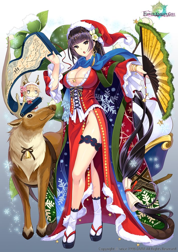 1girl :o absurdly_long_hair black_hair blue_scarf bodice bracelet breasts brown_eyes cape christmas city_forest_online cleavage copyright_name dress earrings fan flower flower_knight_girl folding_fan full_body gradient gradient_background grey_background hair_flower hair_ornament hat himeshara_(flower_knight_girl) jewelry large_breasts leaf long_hair long_skirt looking_at_viewer low-tied_long_hair minigirl multicolored_cape print_cape red_dress red_hat red_skirt reindeer sandals santa_costume santa_hat scarf scroll side_slit skirt snowflake_print solo standing star tabi thighlet very_long_hair white_background