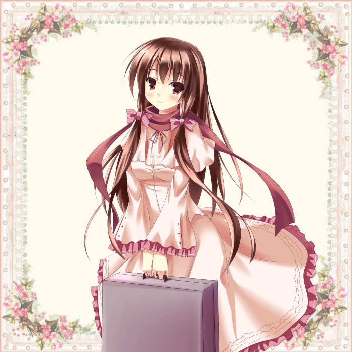 1girl bow brown_eyes brown_hair dress hair_bow holding long_hair original solo striped striped_bow zi_se