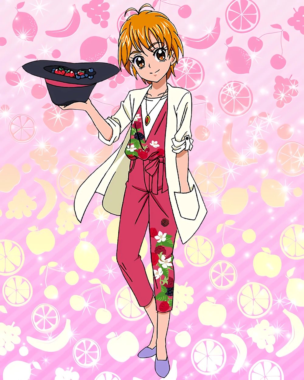 1girl fedora food fruit full_body futari_wa_precure grapes hand_in_pocket hat hat_removed headwear_removed highres jacket jewelry misumi_nagisa necklace official_art orange_eyes orange_hair precure precure_connection_puzzlun purple_footwear short_hair smile solo strawberry third-party_source white_jacket