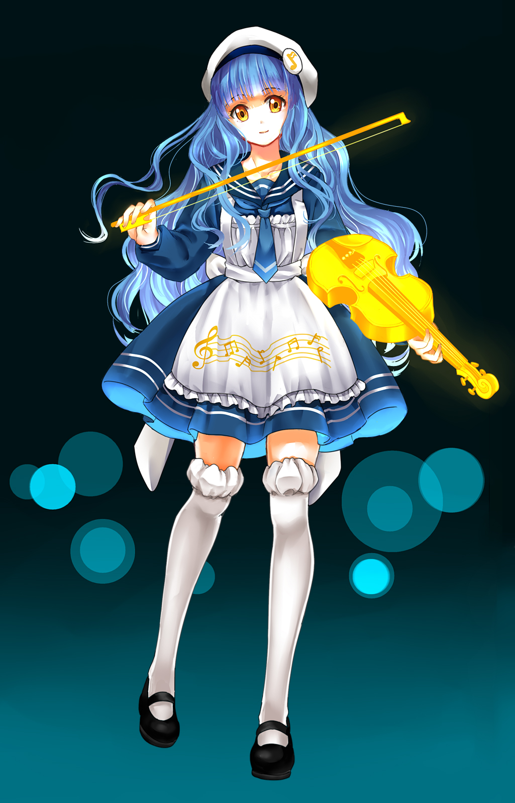 1girl ange_vierge apron beamed_quavers blue_hair hat highres holding instrument long_hair mana_(418208360) mary_janes musical_note quaver shoes solo thigh-highs treble_clef violin white_legwear yellow_eyes