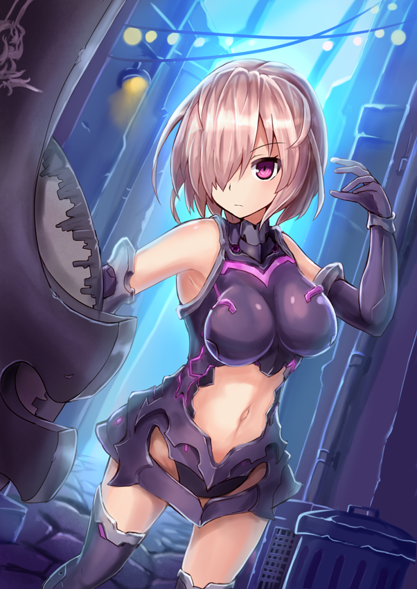&gt;:| 1girl armor armored_dress armpits bare_shoulders black_gloves black_legwear breasts closed_mouth cowboy_shot elbow_gloves fate/grand_order fate_(series) gloves hair_over_one_eye large_breasts lavender_hair looking_at_viewer navel night shield shielder_(fate/grand_order) short_hair solo stomach sumapan thigh-highs violet_eyes