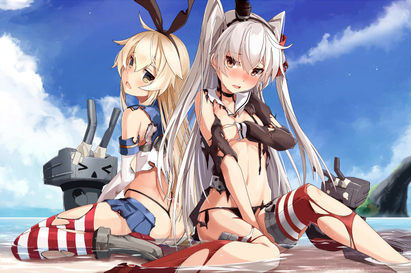 2girls amatsukaze_(kantai_collection) ass bare_shoulders black_panties blonde_hair blurry blush breasts brown_dress burnt_clothes covering covering_breasts crop_top day depth_of_field dress embarrassed from_behind full_body hair_between_eyes hairband highleg highleg_panties kantai_collection looking_at_viewer multiple_girls ocean open_mouth orange_eyes outdoors panties pleated_skirt red_legwear rensouhou-chan rensouhou-kun school_uniform serafuku shimakaze_(kantai_collection) short_dress silver_hair sitting skirt sky small_breasts striped striped_legwear takanashie thigh-highs thighs thong tongue torn_clothes torn_dress torn_thighhighs two_side_up underwear