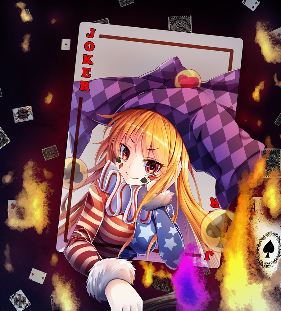 1girl american_flag_dress arm_support bangs blonde_hair breasts card checkered checkered_hat clownpiece clubs_(playing_card) fur_trim hat heart jester_cap joker long_hair looking_at_viewer medium_breasts neck_ruff playing_card red_eyes smile solo spades_(playing_card) star star_print striped touhou upper_body z.o.b