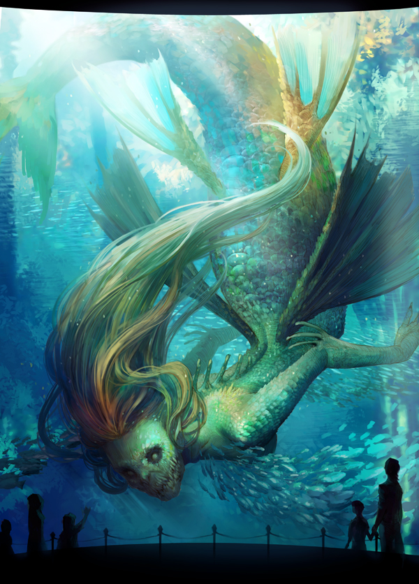 1girl aquarium fins fish giantess hand_holding kyoung_hwan_kim light long_hair mermaid monster_girl original pointing railing scales sharp_teeth silhouette spikes teeth