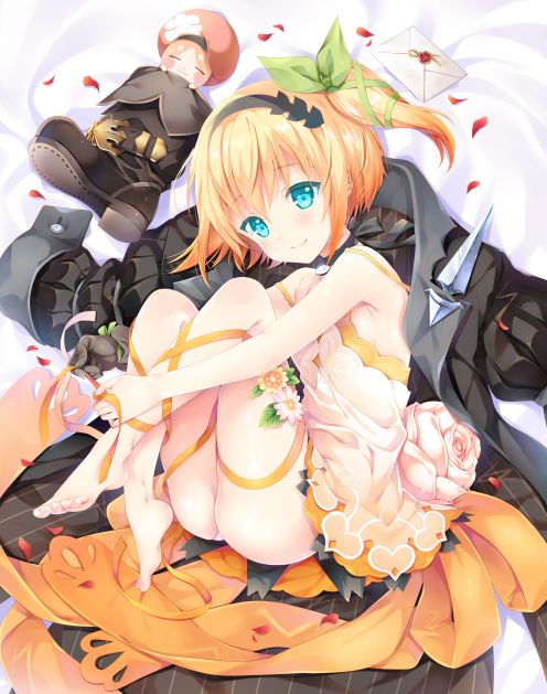 1girl bare_legs barefoot blonde_hair blue_eyes blush boots_removed choker coat_removed dress edna_(tales) fetal_position from_above gloves hair_ribbon hairband leg_hug leg_ribbon letter looking_at_viewer lying no_shoes normin_(tales) on_side petals ribbon short_hair shuragyoku_mami side_ponytail single_glove smile solo tales_of_(series) tales_of_zestiria tress_ribbon white_dress