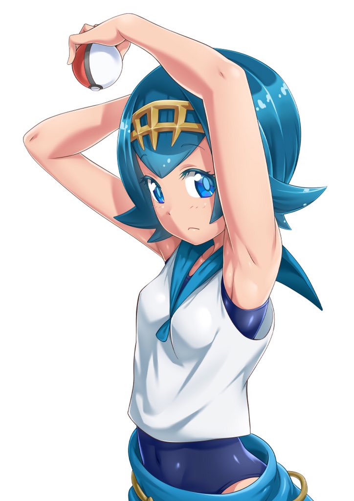 1girl armpits arms_up blue_eyes blue_hair blush breasts closed_mouth covered_navel crop_top hairband holding looking_at_viewer matching_hair/eyes one-piece_swimsuit pants poke_ball pokemon pokemon_(game) pokemon_sm rentarow0201 sailor_collar sazanami_tarou shiny shiny_clothes shiny_hair shiny_skin shirt short_hair simple_background skin_tight sleeveless smile solo suiren_(pokemon) swimsuit swimsuit_under_clothes trial_captain upper_body white_background