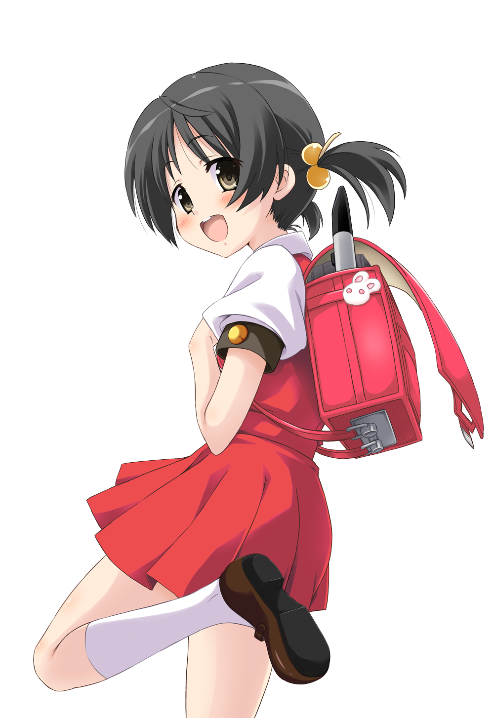 1girl :d backpack bag black_hair blush brown_eyes child collar collared_shirt dress eyelashes from_side hair_bobbles hair_ornament highres instrument kaai_yuki kneehighs looking_at_viewer looking_back low_twintails mary_janes official_art one_leg_raised open_mouth pinafore_dress promotional_art puffy_short_sleeves puffy_sleeves randoseru recorder shirt shoes short_hair short_sleeves smile socks solo tareme teeth transparent_background twintails umetani_tarou vocaloid white_legwear