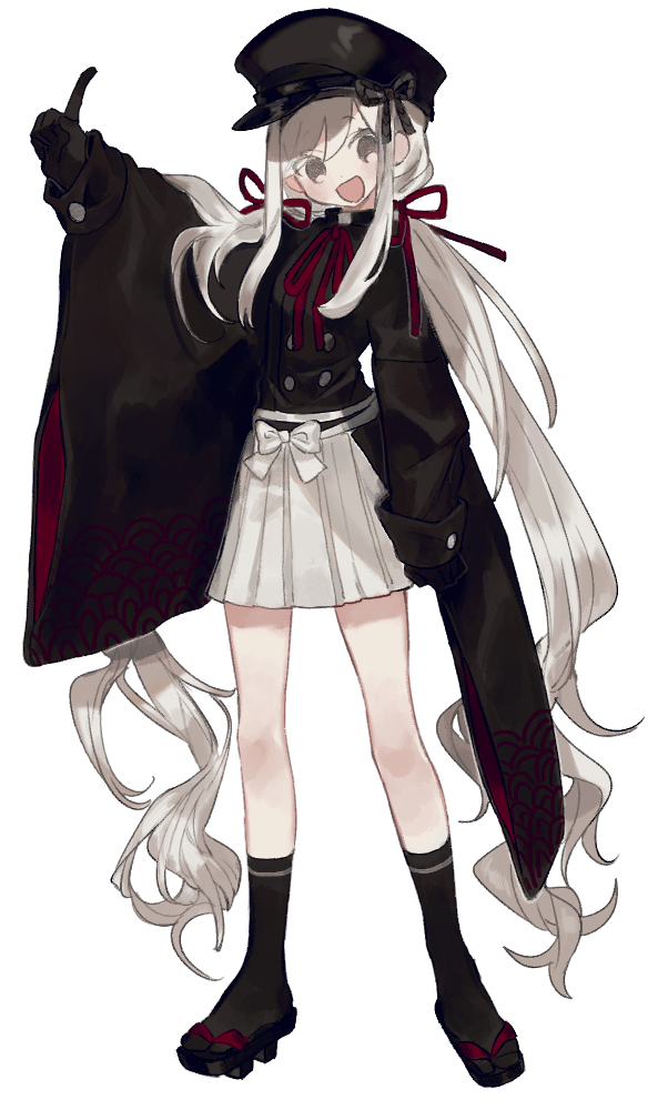 1girl geta gloves hair_ribbon hat long_hair looking_at_viewer low_twintails lunchicken original ribbon skirt smile socks tagme twintails very_long_hair white_hair wide_sleeves