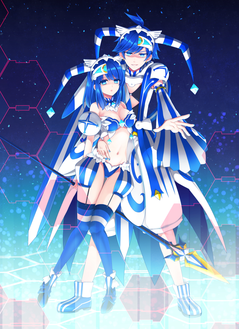 1boy 1girl ao_no_repika ao_no_rupika arms_behind_back baggy_pants bangs bare_shoulders beatmania beatmania_iidx bikini blue_bikini blue_eyes blue_hair blue_legwear blue_shoes breasts brother_and_sister cleavage commentary_request crystal detached_sleeves earrings expressionless eyebrows_visible_through_hair foreshortening full_body garter_straps glowing groin hair_ornament hand_on_another's_stomach hat headgear highres holding holding_spear holding_weapon jester_cap jewelry knees_together_feet_apart large_breasts light_particles long_hair looking_at_viewer midriff nail_polish navel night night_sky outstretched_arm outstretched_hand pants polearm shaded_face shiny shiny_hair shoes siblings sky smirk spear standing stardrop striped striped_legwear swimsuit thigh_gap weapon wide_sleeves