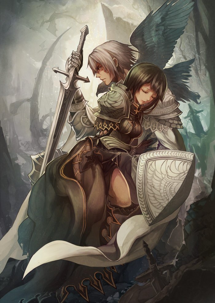 1boy 1girl animal animal_on_shoulder bangs bird bird_on_shoulder black_gloves black_hair cape closed_eyes crow dragon frown gauntlets gloves holding holding_sword holding_weapon leaning_on_person nij_24 original pauldrons pelvic_curtain shield silver_hair sword tarot the_lovers vambraces waist_cape weapon