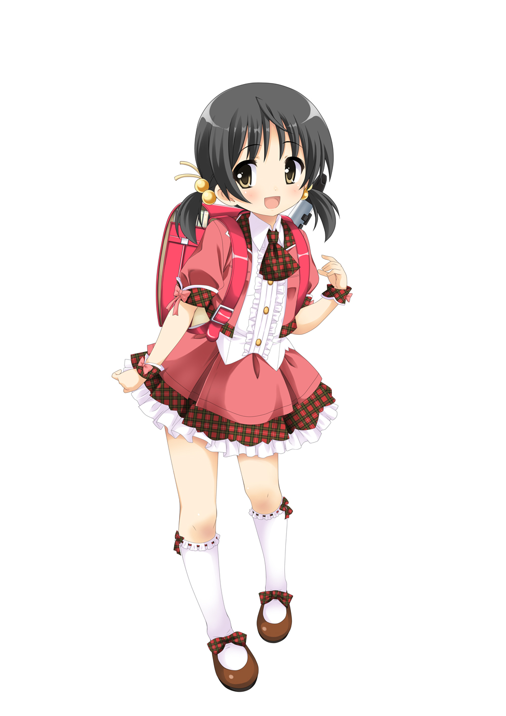 1girl :d ascot backpack bag black_hair blush brown_eyes buttons collar collared_shirt cropped_jacket cuffs frilled_skirt frills full_body hair_bobbles hair_ornament highres instrument kaai_yuki kaai_yuki_(vocaloid4) looking_to_the_side low_twintails official_art open_mouth plaid plaid_ribbon puffy_short_sleeves puffy_sleeves randoseru recorder ribbon ribbon-trimmed_legwear ribbon_trim shiny shiny_hair shirt shoe_ribbon short_sleeves simple_background skirt smile socks solo standing tareme twintails umetani_tarou vocaloid white_background wrist_cuffs