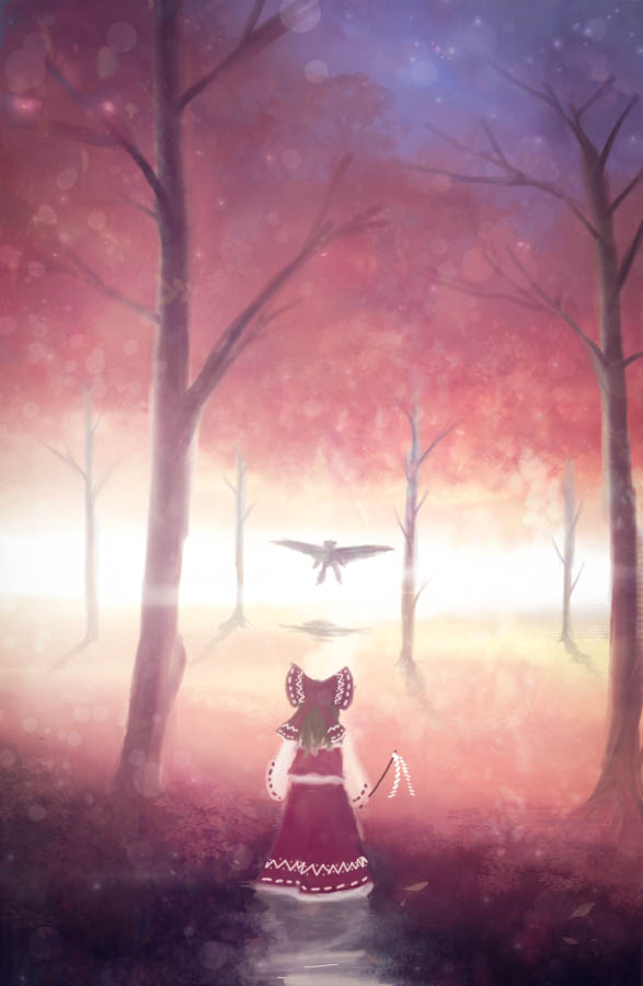 2girls akyuun backlighting bird_wings bow brown_hair cherry_blossoms flying forest from_behind gohei hair_bow hakurei_reimu light_particles multiple_girls nature night outdoors ponytail reiuji_utsuho silhouette standing standing_on_liquid touhou wings